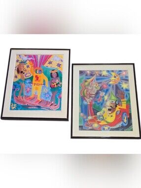 Phil Cheny 2000 Colorful Psychedelic Framed Signed Art Prints Hula Surfer Space
